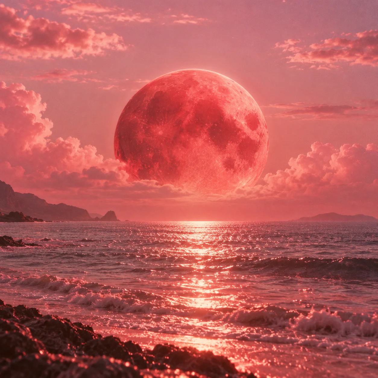 A red moon above a shimmering pink sea