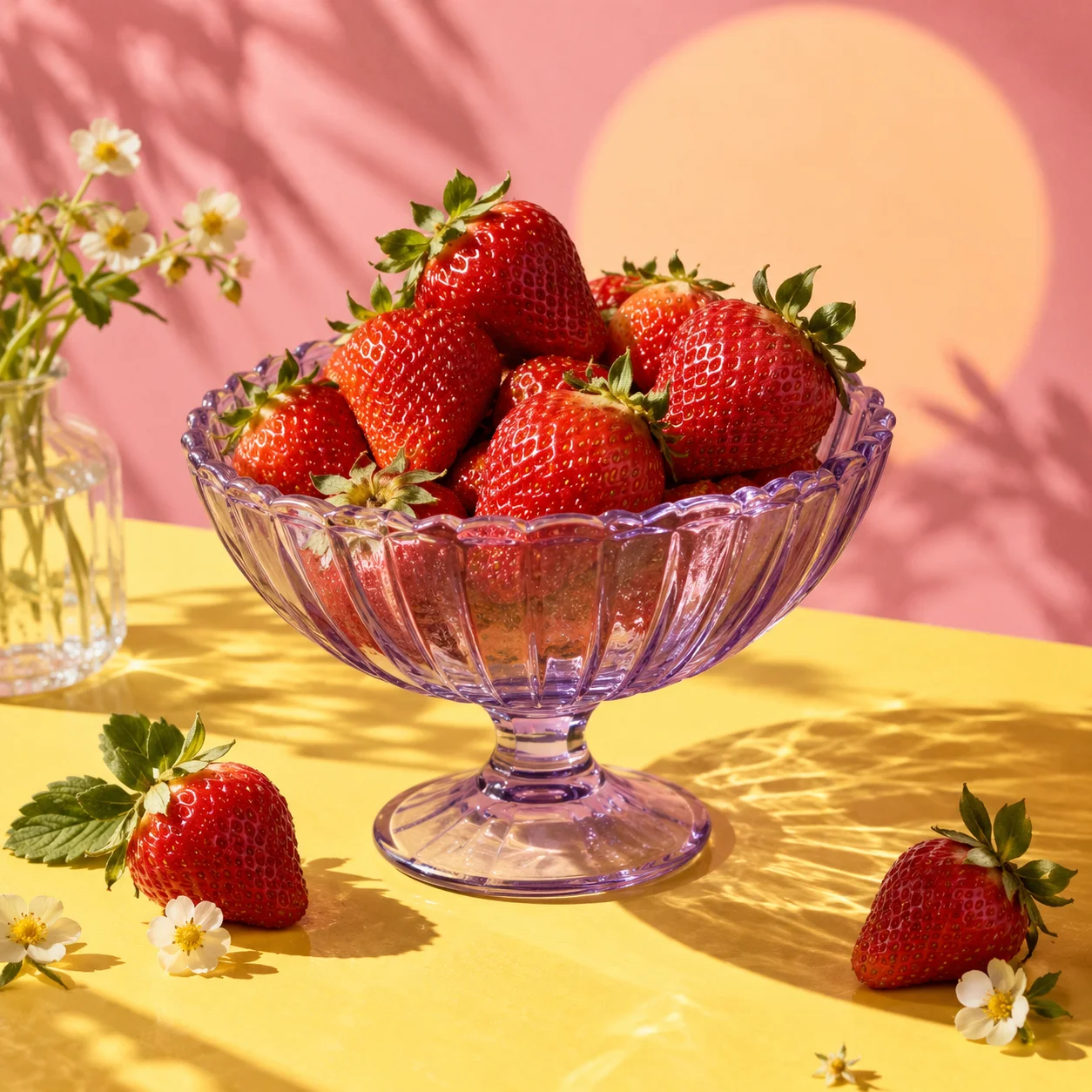 Fresh strawberries in a lilac glass bowl in the sunshine